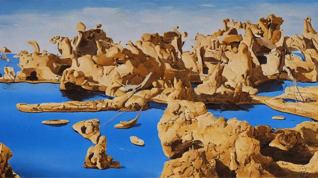 Prompt: High-Quality surrealist painting of Empuries, peaceful, very detailed, oil painting by Salvador Dalí.