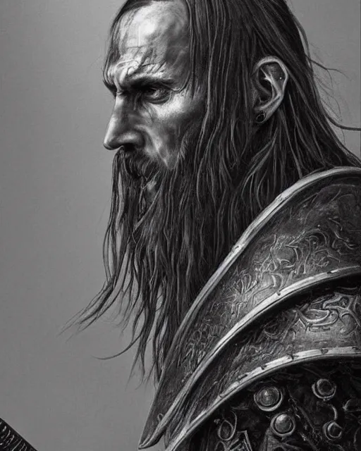 Image similar to realistic HD high detail portrait of !Kristian Elvind Espedal! aka !Gaahl! portrayed as a fearsome High Medieval High Fantasy blackguard. face and body. clad in black steel plate armour. wielding a two-handed battle-axe.