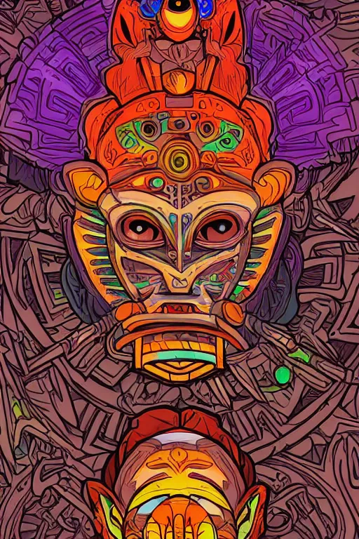 Image similar to totem majora's mask tribal feather gemstone plant wood rock shaman vodoo video game vector illustration vivid color borderlands by josan gonzales and dan mumford radiating a glowing aura