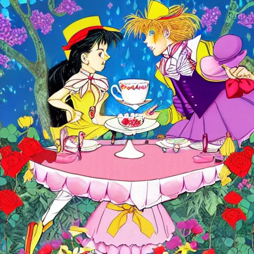 Image similar to Alice and the Mad Hatter, from Alice in Wonderland, in the style of sailor moon illustrations, by Naoko Takeuchi, they are having a tea party in the enchanted woods, surrounded by white and red roses