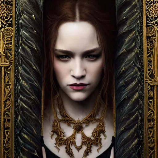 Prompt: Majestic and regal portrait of a riveting female vampire, indoor palatial dwelling, intricate, epic, elegant, menacing, fantasy, highly detailed, digital painting, hard focus, beautiful volumetric lighting, epic light, ultra detailed, by Leesha Hannigan, Ross Tran, Thierry Doizon, Kai Carpenter, Ignacio Fernández Ríos