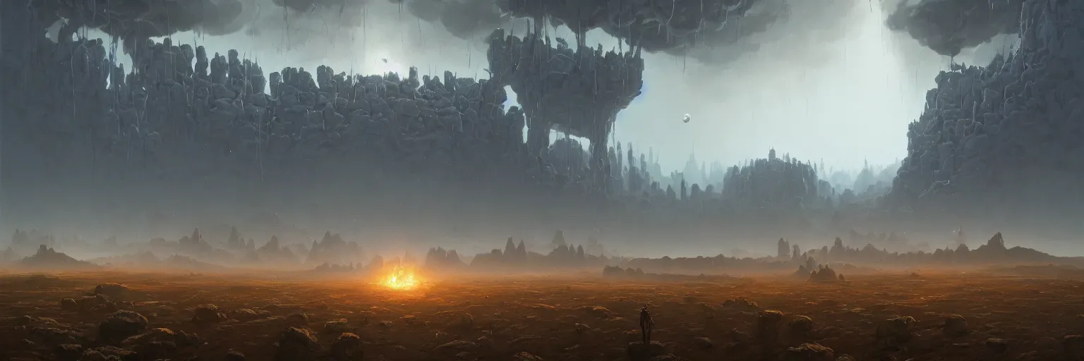 Prompt: An epic colossal scene with a gigantic wall made of shiny metal, oil on canvas, by Simon Stalenhag, by Zdzisław Beksiński, by Bruce Pennington, masterpiece, trending on artstation, featured on pixiv, cinematic composition, concept art, dramatic lighting, aesthetic, planets, stars, asteroids, no frames, 8K