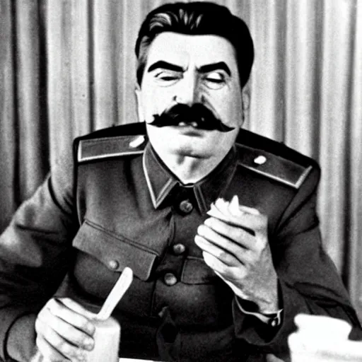Image similar to Joseph Stalin eating a hamburger