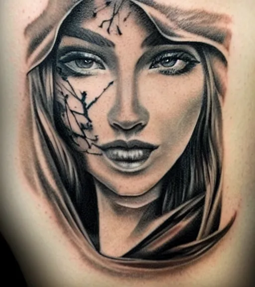 Image similar to tattoo design sketch of a beautiful woman face against a background of beautiful mountains and nature, hyper - realistic, in the style of den yakovlev, amazing detail, black and white