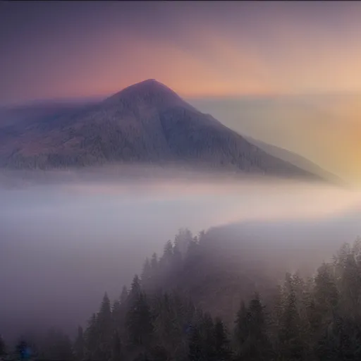 Prompt: tall mountain, realistic, detailed, fog, award winning photo, sunset, 8 k