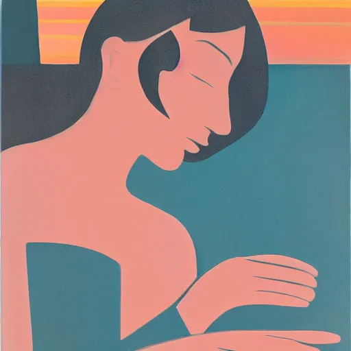 Image similar to Land art. a woman is shown from behind, her body slightly blurred as if in motion. Her long hair cascades down her back, and she is holding a small bird in her hand. alegria 'corporate memphis', foil art by Debbie Criswell, by Richard Hamilton bold, minimalist