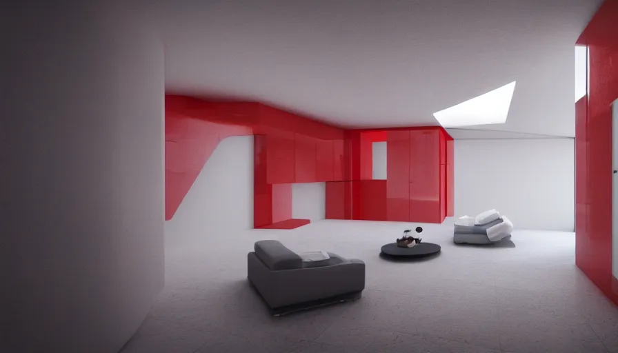 Image similar to interior photo of a ceramic tile futuristic house, octane render, minimalism, white and red colour palette, dramatic lighting