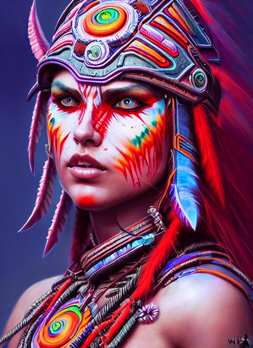 Image similar to hyper detailed ultra sharp cherokee shaman warrior trance girl. trending on artstation, warpaint aesthetic, bloodwave, colorful, psychedelic, ornate, intricate, digital painting, concept art, smooth, sharp focus, illustration, art by artgerm and greg rutkowski and h. r. giger, 8 k