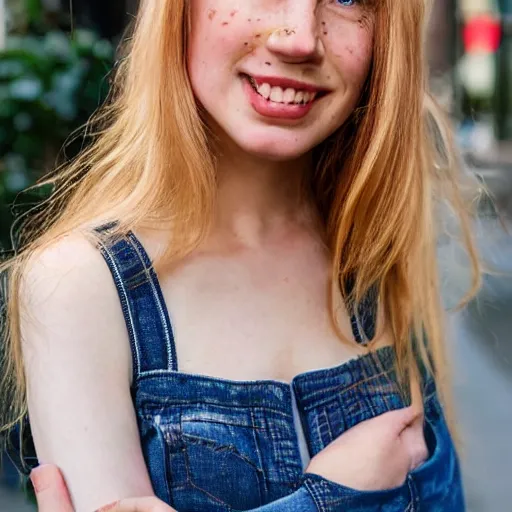 Image similar to Portrait photograph of a Strawberry-Blonde Girl, Young Beautiful Face, Green Eyes, Freckles, Wearing a white crop-top and jeans, with a subtle smile, Humans of New York Style