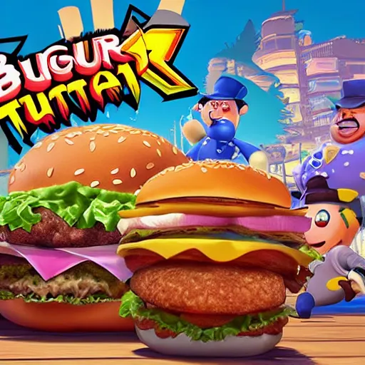 Image similar to video game box art of a ps 5 game called burgertime : recharged, 4 k, highly detailed cover art.