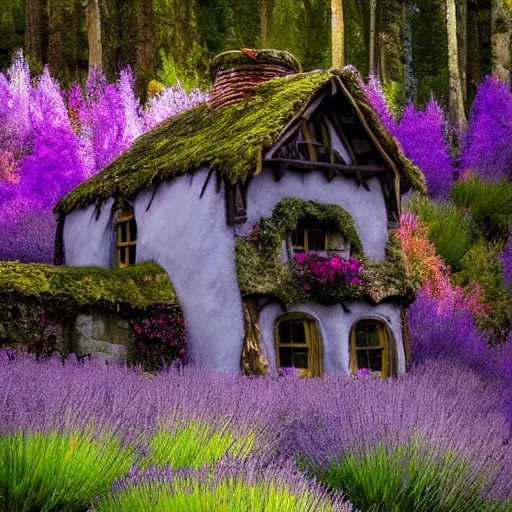 Prompt: a witch cottage made of candy, magical forest, lavender mist, floral, photography by ansel adams