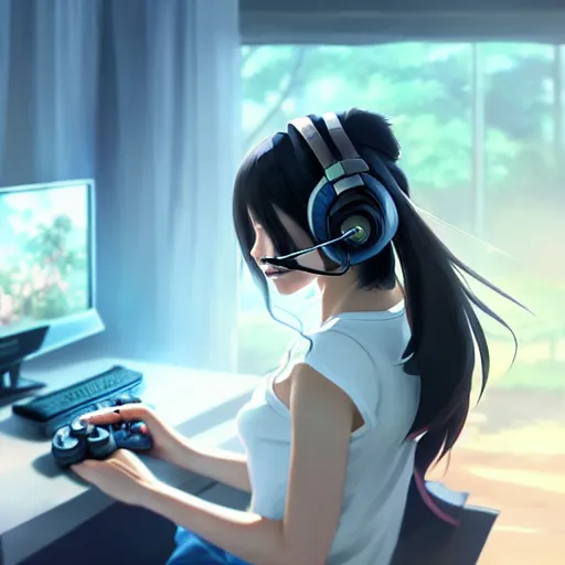 Image similar to beautiful young asian woman with long hair, with gaming headset, cute, playing on a comuter, realistic, detailed, cel shaded, in the style of makoto shinkai and greg rutkowski and james gurney