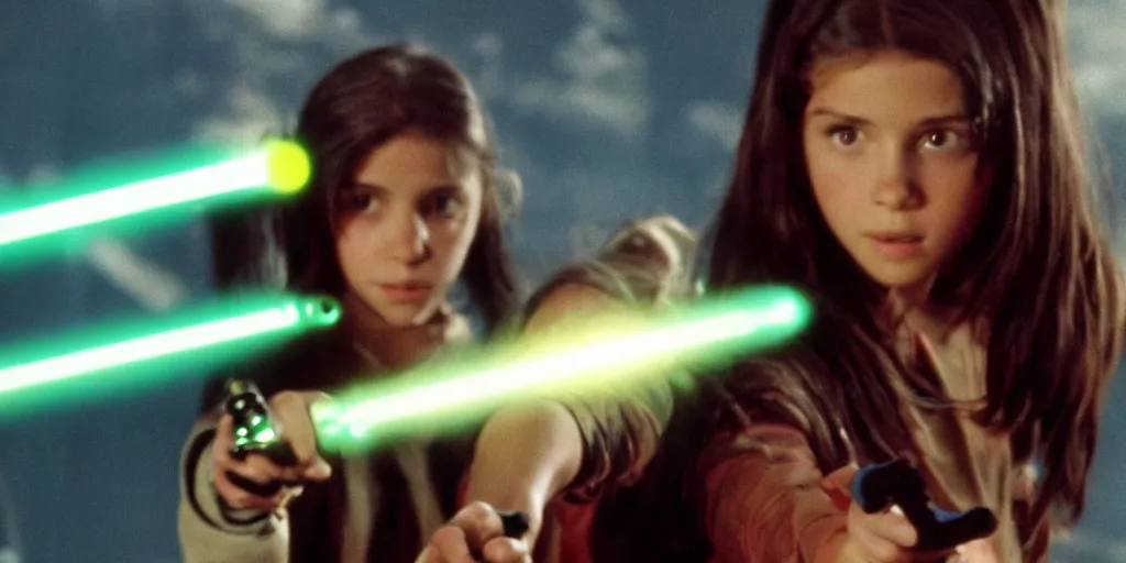 Image similar to a full color still of a teen brunette girl holding a lightsaber with a sci-fi battle in the background, cinematic lighting, 1999, directed by Steven Spielberg, 35mm