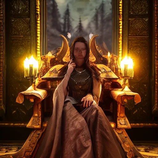 Prompt: the elder scrolls vi, charismatic gracious humble regal brunette female jarl, portrait, throne room, atmospheric lighting, painted, intricate, volumetric lighting, beautiful, daytime, sunny weather, slight overcast, sharp focus, deep colours, ultra detailed, by leesha hannigan, ross tran, thierry doizon, kai carpenter, ignacio fernandez rios