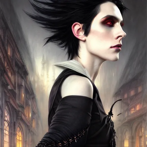 Prompt: portrait painting of an androgynous witch with shoulder length black hair pale skin and beautiful eyes wearing a punk clothes, ultra realistic, concept art, intricate details, eerie, highly detailed, photorealistic, octane render, 8 k, unreal engine. art by artgerm and greg rutkowski and magali villeneuve and alphonse mucha