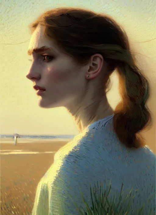 Image similar to portrait of a beautiful girl, sea dunes backdrop, sad, pastel shades of light blue and light yellow, beautiful face, rule of thirds, intricate outfit, spotlight, by greg rutkowski, by van gogh, by rineke dijkstra, digital painting