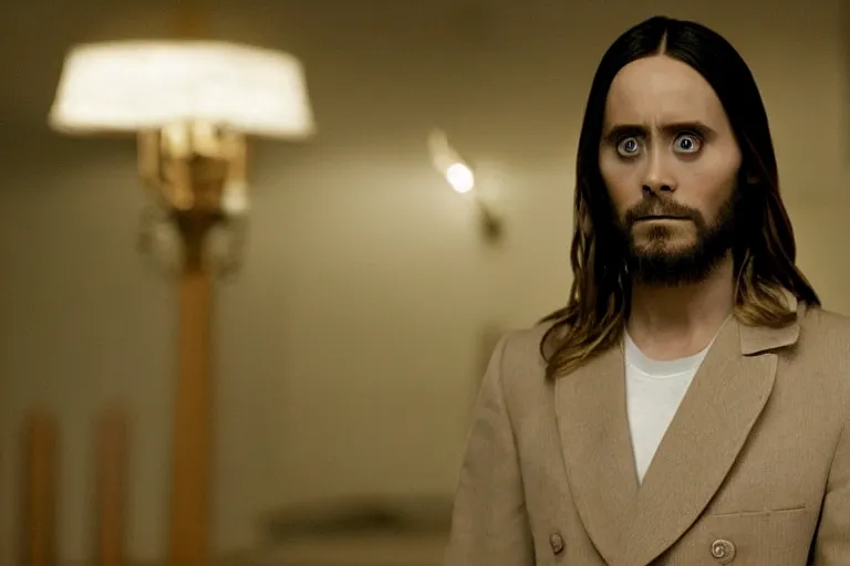 Image similar to Jared Leto as the religious leader Jim Jones in 'Cult' (2006), movie still frame, promotional image, imax 70 mm footage, oscar nominated cinematography, volumetric lighting, 8k resolution