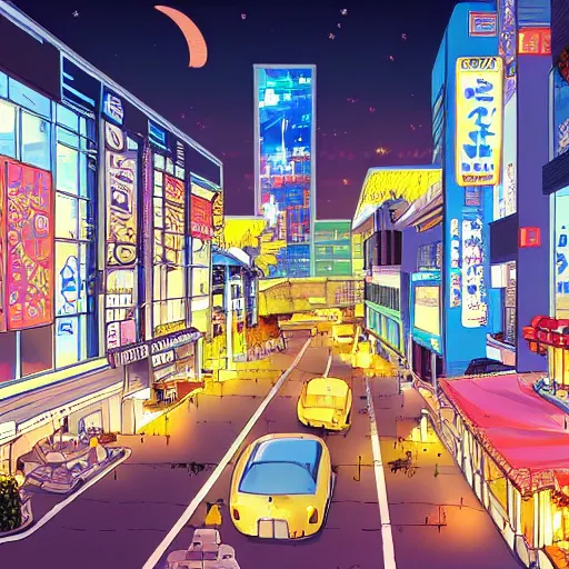 Prompt: a night veiw of an anime city