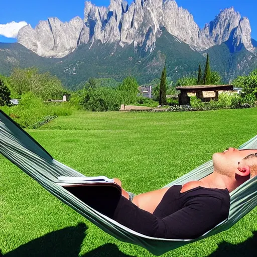 Image similar to my italian wise friend on a hammock, reading the book about love, mountains in a background