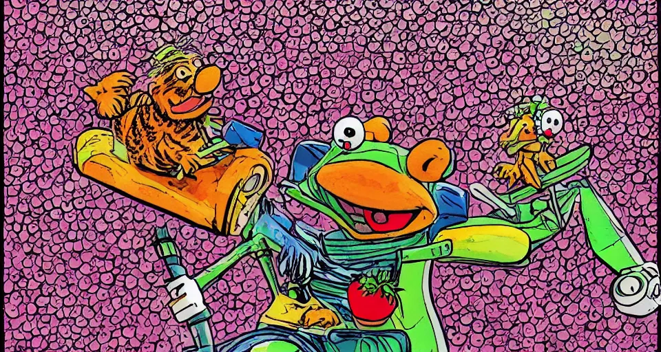 Prompt: gonzo from the muppets riding a tiger in the middle of a strawberry field in the rain, style of a comic book. illustration, 9 0 s, print