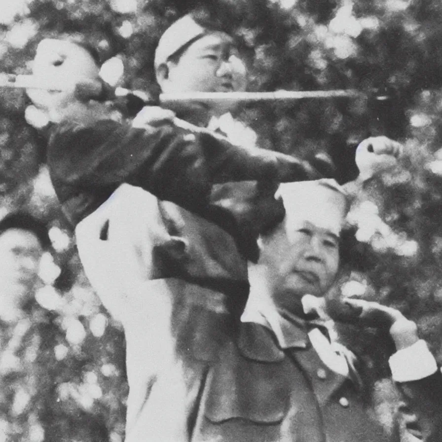 Image similar to “close up chairman mao playing golf”