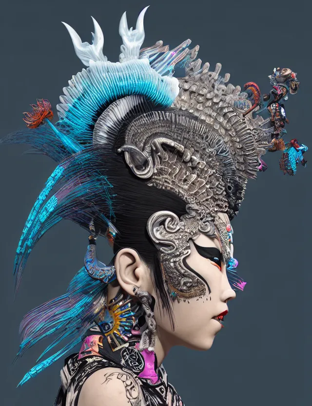 Image similar to 3 d goddess close - up profile portrait punk with mohawk with ram skull. beautiful intricately detailed japanese crow kitsune mask and clasical japanese kimono. betta fish, jellyfish phoenix, bio luminescent, plasma, ice, water, wind, creature, artwork by tooth wu and wlop and beeple and greg rutkowski