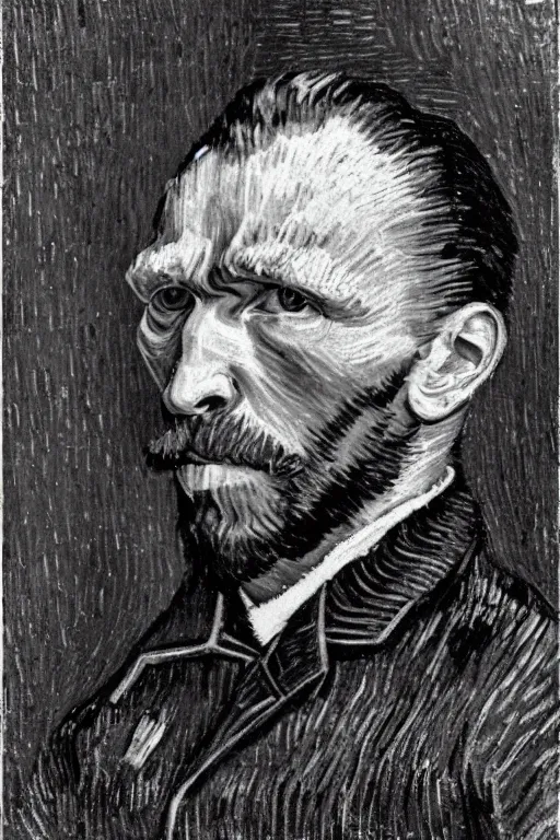 Image similar to a monochrome daguerrotype realistic, supersharp, photographic portrait of vincent van gogh, shallow depth of field