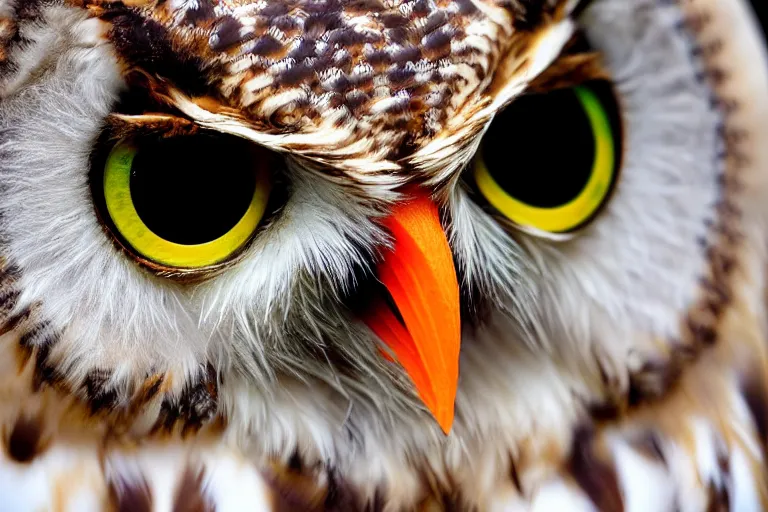 Prompt: scenic photo of an owl eating a carrot. focus on the owl's beak and eye. intricate eye. extremely large wings. extreme detail, hyperrealistic photo