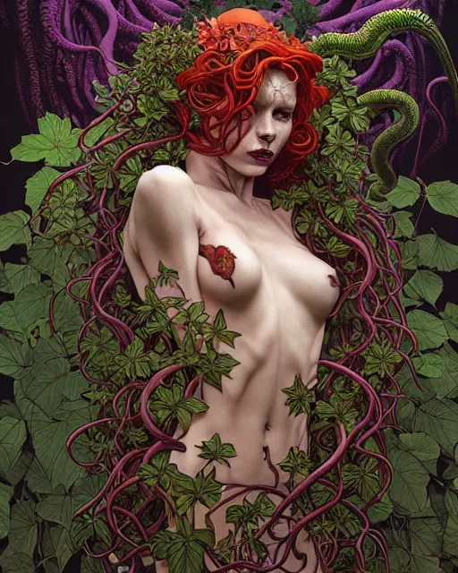 Image similar to the platonic ideal of flowers and roots of cletus kasady, venom, poison ivy, ultimate beautiful succubus medusa, cthulhu, intricate, hyperrealism, intense, dmt, artgerm, moebius, greg rutkowski, dan mumford, alphonse mucha