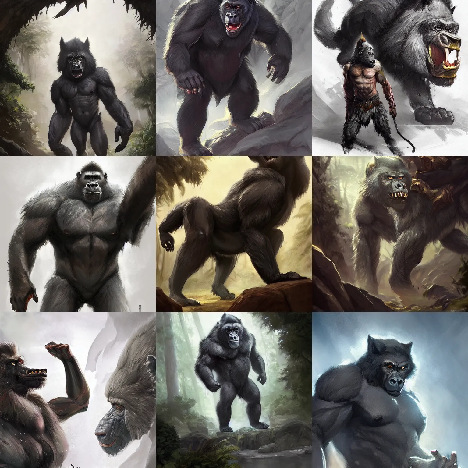Prompt: A wolf in a gorilla body, D&D, fantasy, highly detailed, digital painting, trending on artstation, concept art, sharp focus, illustration, art by artgerm and greg rutkowski and magali villeneuve and Anders Zorn