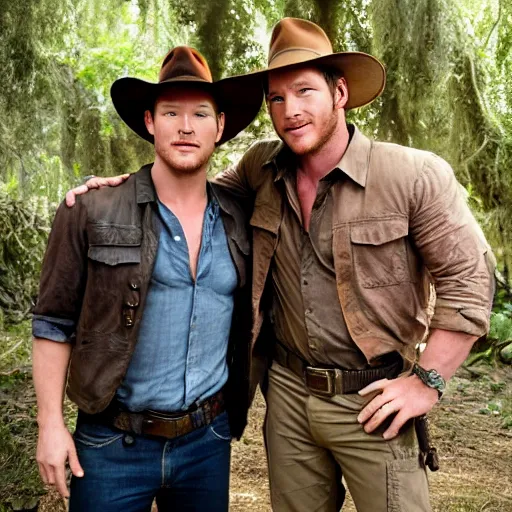 Prompt: a photo of chris pratt as indiana jones together with harrison ford, cinematic, natural lighting, genuine smile