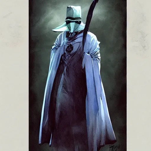 Prompt: a color pencil sketch of a mysterious plague doctor with a white mask wearing a blue wisards robe, concept art, by greg rutkowski and makato shinkai, by melmoth zdzislaw belsinki craig mullins yoji shinkawa, black light, semi - realistic render, pencil, paint smears, realistic manga, dramatic lighting, d & d design