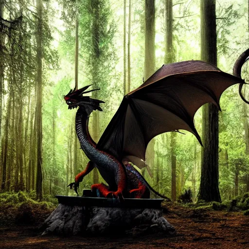 Prompt: dragon coming out of an oil spring, photograph taken in a dark forest