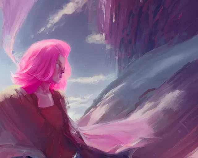 Prompt: Lady with pink hair staring into Centrentropy by Krenz Cushart, discord taken from life, cynicalism of the ninth dimension, splitting mass into a transferance of light, background of a neon dimension rift of vivid reality, HD, illustration trending on artstation