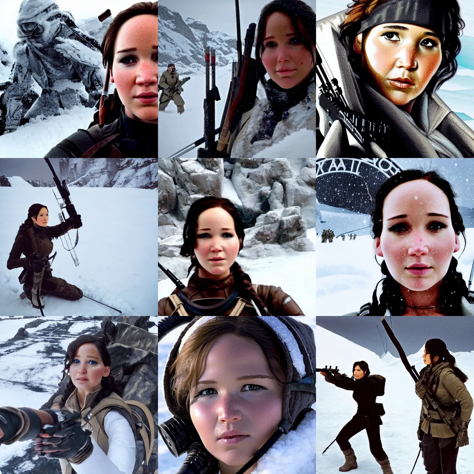 Prompt: Selfie of Katniss Everdeen as a rebel soldier on Hoth