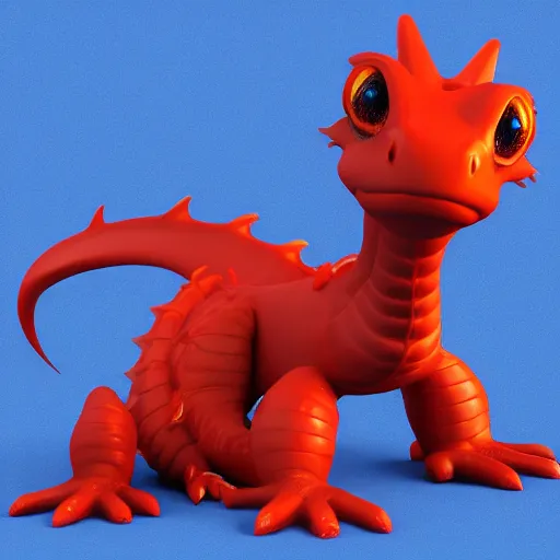 Prompt: “ baby dragon, red with yellow eyes, blender 3 d image, smooth, high quality, blue floor, 8 k ”