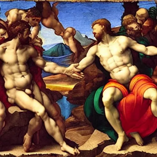 Prompt: Michelangelo's The Creation of Adam except God and Adam are women