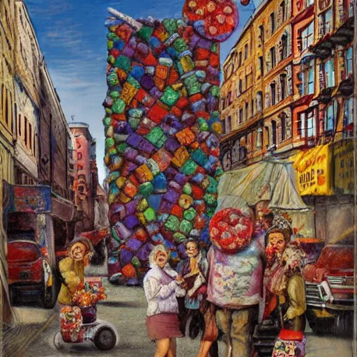 Prompt: by reginald marsh eclectic sangria. a street art of a city made entirely out of kulich, a traditional russian easter bread. the city is bustling with activity. the street art is playful & whimsical, with a touch of magic.