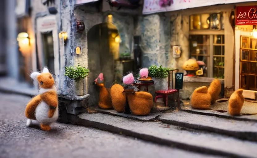 Image similar to miniature cafe diorama macro photography, cafe with felted bunnies, alleyway, ambient, atmospheric, british, cozy, bokeh, romantic