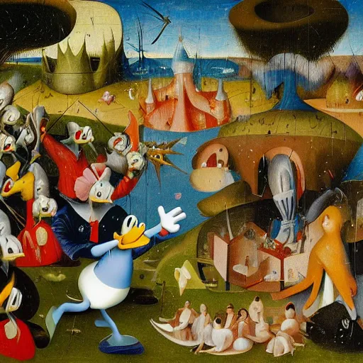 Prompt: donald duck in the garden of earthly delights by hieronymus bosch.