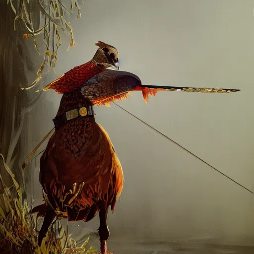 Image similar to a pheasant is girded with a belt, a sword hangs on the belt, by lily seika jones , rivuletpaper art, top cinematic lighting, cinematic mood, very detailed, shot in canon, by Viktor Vasnetsov, oil painting, harsh fairy tale, soft style, hyperrealism, beautiful, high resolution, trending on artstation,