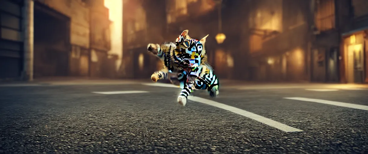 Image similar to hyperrealistic detailed 3d render of a cute tabby catman jumping on a dark city alley sharp cinematic lighting vray 8k low angle shallow depth of field