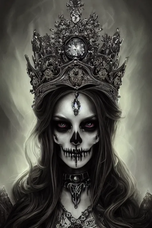 Prompt: skull queen with an origami crown, hints of silver jewelry, gothic, eerie, intricate detail, dramatic lighting, mist, grey, 4k, fantasy, intricate, very very beautiful, elegant, highly detailed, digital painting, artstation, concept art, smooth, sharp focus, illustration, art by artgerm and greg rutkowski and alphonse mucha