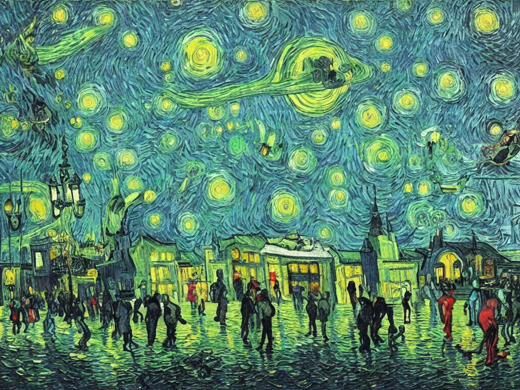 Image similar to bright beautiful oil painting of space aliens abducting people from arles france with a glowing green light, light scatter, van gogh