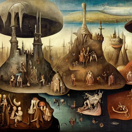 Prompt: oil painting in the style of hieronymus bosch, leonora carrington and joos van craesbeeck : : intricate detailed study of a surreal dreamscape : : ultra - detailed technical precision : : matte painting, high definition 3 d render, unreal engine, hi - res textures