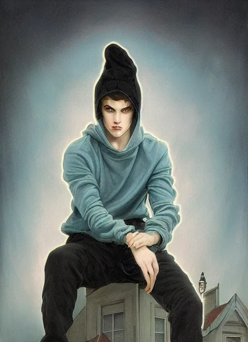 Image similar to handsome young man with short black hair, glowing light blue eyes, pale skin, crouching on the roof of a house, in a neighbourhood, at night, wearing jeans and a black hoodie, realistic painting by ross tran and gerald brom and alphonse mucha, trending on artstation