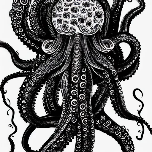 Image similar to black ink on paper, alien octopus, trending on artstation, beautiful, intricate, detailed