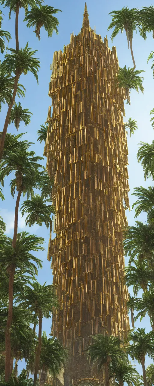 Image similar to eye level view of single tower, golden facade babylon tower, sacred ancient architecture, hanging gardens, cascading highrise, arid mountains with lush palm forest, sunlight, post - production, octane, cgi, sfx