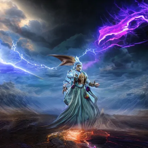 Prompt: Archmage, Cultivator, Magic God facing the Heavenly Dragon Lightning Tribulation :: chinese fantasy, hyper realistic, high detailed, nebula background, epic legendary, award winning, 8k, render amazing, cinematic, vibrant, unreal engine, 8k render, majestic, dramatic lighting, octane render, mysterious, stopped in time