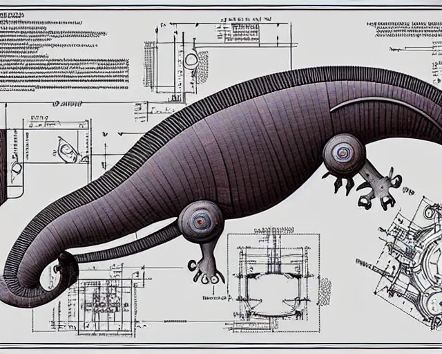 Image similar to a full page of a mechanical blueprint showing a cutaway design for a mechanized brontosaurus from howl's moving castle ( 2 0 0 4 ), with a big head, muted colors, post grunge, studio ghibli, hq,